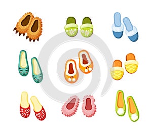 Indoor slippers set. Comfortable green with drawing chamomile convenient pink fluffy creative in form bear paws warm