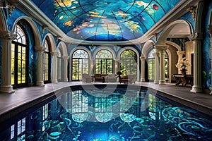 An indoor space featuring a luxurious swimming pool, adorned with elegant mosaic tiles and complemented by soft, ambient
