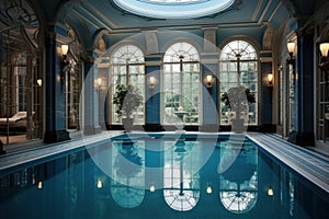 An indoor space featuring a luxurious swimming pool, adorned with elegant mosaic tiles and complemented by soft, ambient