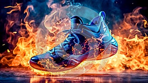 indoor sports shoes glow with the flames of the fire in energetic movement on the court, made with Generative AI