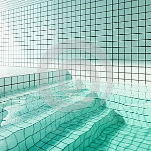 Indoor swimming pool with green tiles wall, floor and stairs, modern concept interior design. 3d rendering illustration