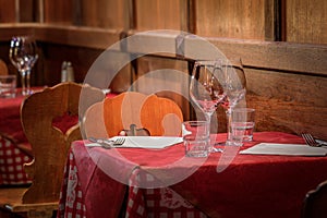 Indoor tables at a traditional Alsatian winstub restaurant, Strasbourg, France