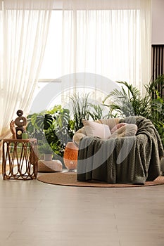 Indoor terrace interior with soft papasan chair and green plants