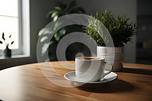 Indoor tranquility coffee cup on table in serene interior