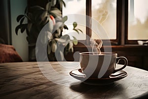 Indoor tranquility coffee cup on table in serene interior