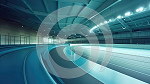 Indoor velodrome track with blue and teal lanes