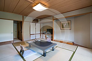 Indoor view of a traditional Japanese style hotel room, tatami room with retro Japanese decoration, Arima, Japan photo