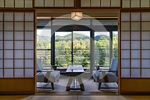 Indoor view of a traditional Japanese style hotel room, terrace with tea table and retro Japanese decoration, Arima, Japan photo