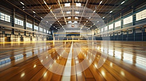 Indoor volleyball court with a polished wooden floor and bright lighting. Empty gymnasium with volleyball net. Concept
