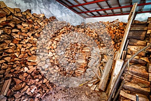 Indoor woodshed with nicely arranged chopped firewood