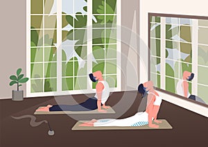 Indoor yoga class flat color vector illustration