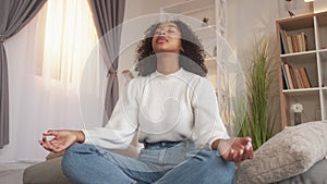 indoors meditation spiritual relax woman yoga home