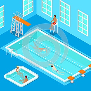 Indoors Swimming Pool with Swimmers, Lifesaver and Jacuzzi. Isometric People.