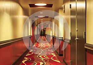 Indoors View of Long Hotel Corridor