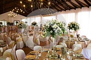 Indoors wedding reception venue with decor