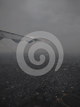 Indore City aerial view from flight window after sunset