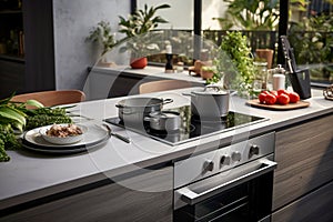 Induction hob in a modern kitchen. Abandoning gas in favor of environmental protection
