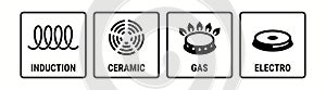 Induction icon, electric hob and gas cooking stove or ceramic oven grate cooker, vector symbol. Induction, electro, gas and photo