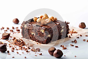 Indulge in allure brownie slice with hazelnuts on white canvas