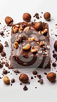 Indulge in allure brownie slice with hazelnuts on white canvas