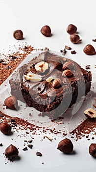 Indulge in allure brownie slice with hazelnuts on white canvas
