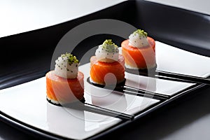Elevated Eats: Detailed Close-up of a Minimalistic Sushi Platter in Gourmet Food Photography with Generative AI