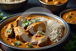 a bowl of food with a slice of cheese and a slice of bread Indulgent Delight Malai Chicken Curry photo