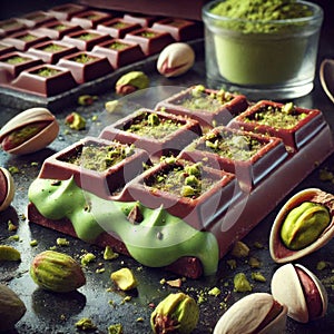 Chocolate bar with pistachio filling and pistachio nuts served on black stone plate Dubai chocolate photo