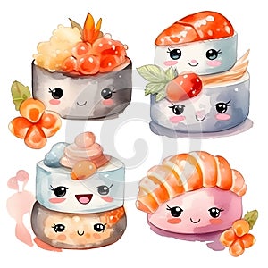Indulge in a delightful feast for the eyes with the Watercolor Kawaii Sushi Set. This whimsical artwork brings adorable cartoon