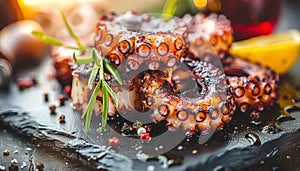 Indulge in grilled octopus on black plate, a delectable traditional mediterranean delicacy to savor