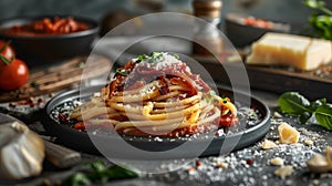 Indulge in the heartiness of bucatini pasta enrobed in a rich tomato sauce, garnished with grated parmesan and fresh