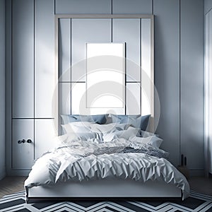 Indulge in Minimalistic Beauty: Mock-Up Poster Frame in Scandinavian Style Bedroom, 3D Realistic Render Interior Design