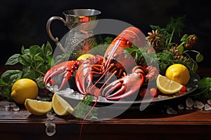 Indulge in a mouth-watering plate of succulent lobsters served with zesty lemons and fragrant parsley, A lobster red on a silver