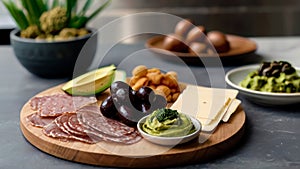Indulge in No-Carb Delights A Selection of Olives, Guacamole, Cheese, and More in a Modern Kitchen