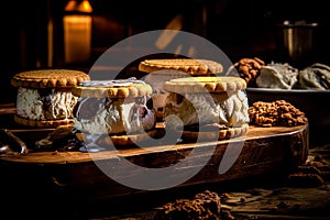 Indulge in nostalgia with Ice Cream Uncles Sandwiches on a rustic wooden table. photo