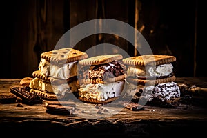 Indulge in nostalgia with Ice Cream Uncles Sandwiches on a rustic wooden table. photo