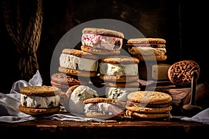 Indulge in nostalgia with Ice Cream Uncles Sandwiches on a rustic wooden table. photo