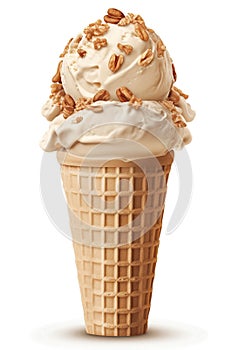 Indulge in Pecans: Butter Pecan Ice Cream Cone, Isolated on White Background - Generative AI