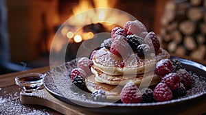 Indulge in a plate of irresistible pancakes bursting with the sweetness of fresh berries while basking in the warmth of