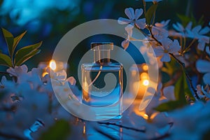 Indulge in the refined elegance of traditional cologne with a fresh, floral scent in a glass fragrance bottle photo