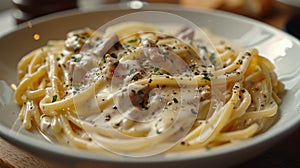 gourmet pasta dish, indulge in a rich cheese sauce draped over al dente pasta for a comforting and decadent meal photo