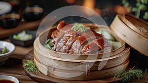 Indulge in the rich savory flavors of Peking duck expertly roasted and served with homemade pancakes hoisin sauce and photo