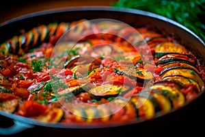 Pisto de Verduras - Spanish ratatouille made with sautÃÂ©ed vegetables and tomato sauce photo