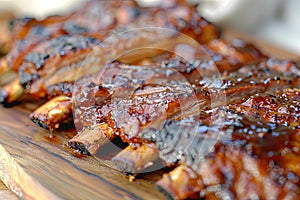 succulent grilled pork ribs on rustic wooden plate, Generative AI