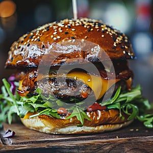 Indulge in a scrumptious burger, a delectable culinary delight to satisfy your cravings photo