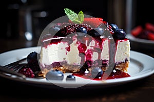 Indulge in a scrumptious slice of cheesecake topped with a medley of juicy berries and tangy blueberries, Vegan twist on classic