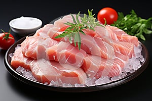 Raw pork meat slices on ice with herbs and spices on black background Ai generative