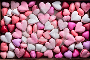 Indulge in sweet romance of box filled with delectable pink heart-shaped candies