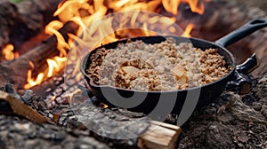 Indulge in the ultimate fireside treat a deliciously sweet and tangy apple crisp baked in the embers of a flickering photo