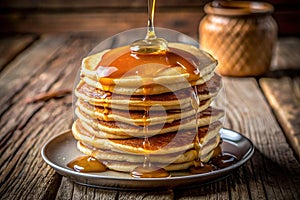 Golden Maple Syrup Cascades Over a Stack of Fluffy Buttermilk Pancakes A Weekend Breakfast Delight photo